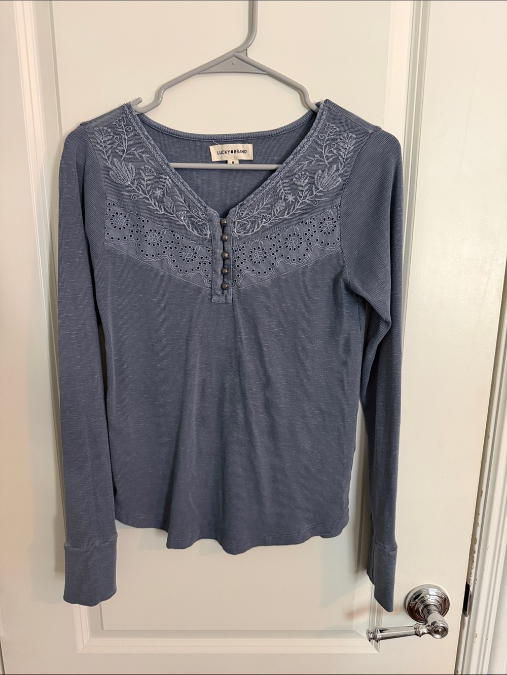 Lucky Brand Dusty Blue Embroidered Henley Long Sleeve Tee